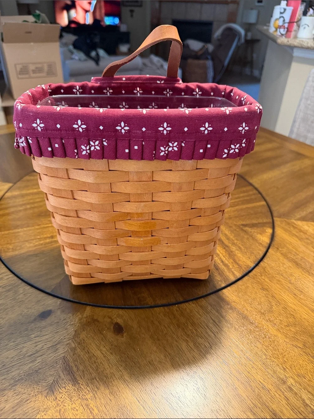 Longaberger Woven Basket with Burgundy Band and Tan Handle